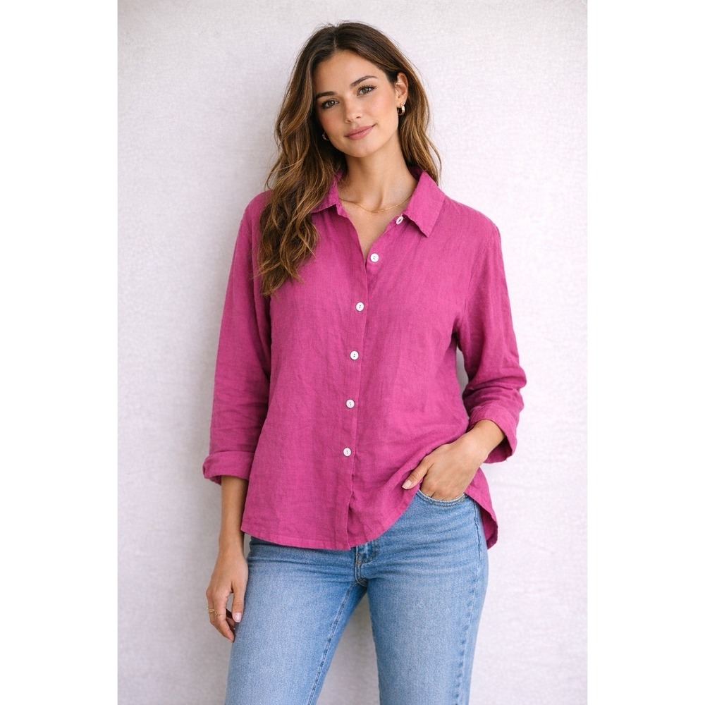 Heaven Linen XL Button Down Shirt 3/4 Sleeve Raspberry Boxy Lagenlook Oversized
